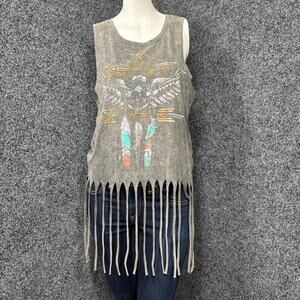 NEW Sugar High Sleeveless Feather Fringe Distressed Cowgirl Rocker Top Medium